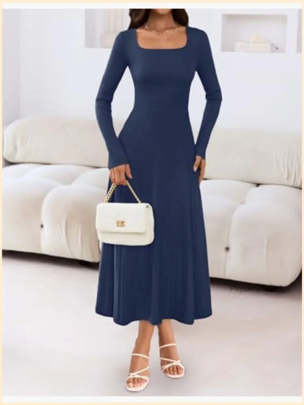 Square Neck Long Sleeve Pleated Knit Midi Dress - Picture 3 of 7